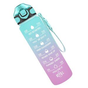 32 oz Drinking Water Bottle with Times to Drink and Straw, GREEN PURPLE